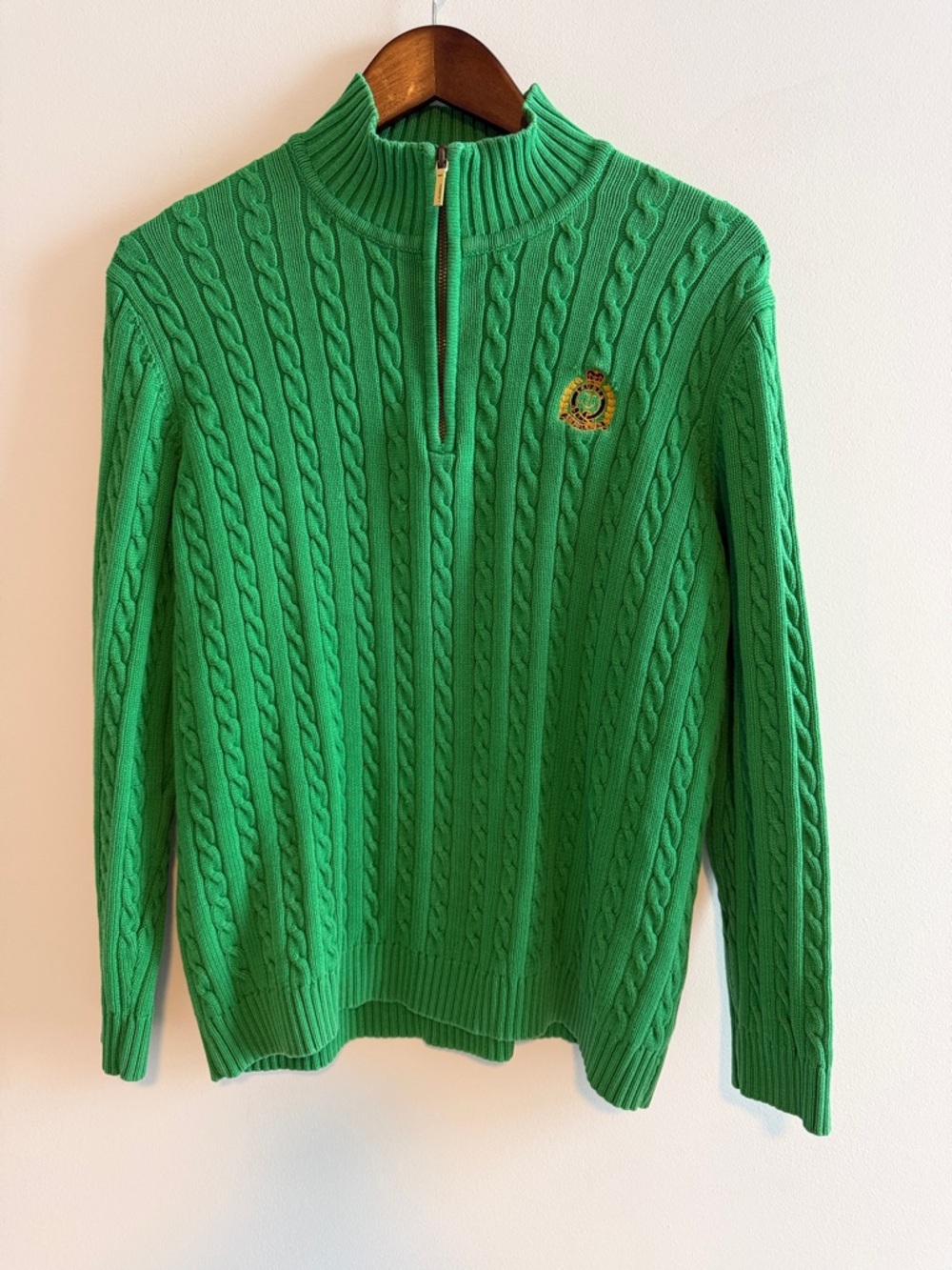 Lauren Ralph Lauren Green Cable Knit Quarter Zip Crest Sweater Medium Cotton Pre
